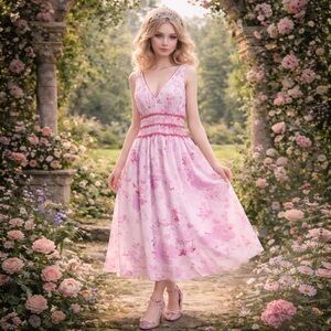 ABS Floral Smocked Dress V-Neck Sleeveless Lined Prom Party